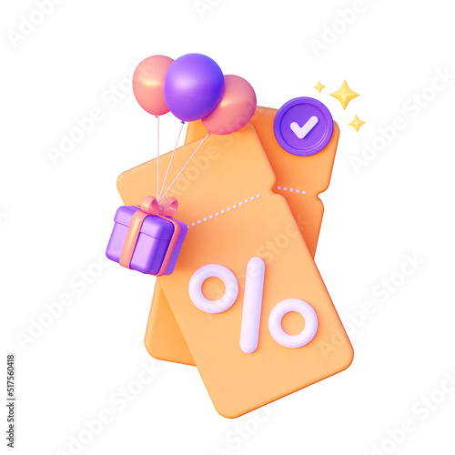 Orange coupon with balloons and gifts. The concept of a holiday discount. 3D rendering illustration