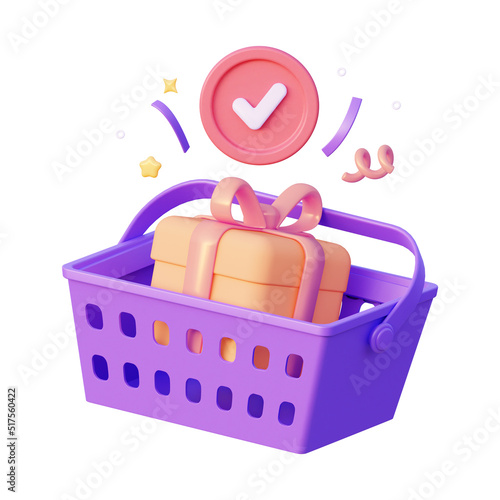 Purple grocery basket with a gift. Isolated on a white background. 3d rendering
