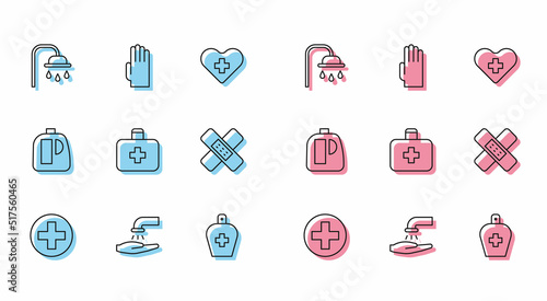 Set line Cross hospital medical, Washing hands with soap, Shower head, Bottle of liquid antibacterial, First aid kit, Crossed bandage plaster, Bottles for cleaning agent and Rubber gloves icon. Vector
