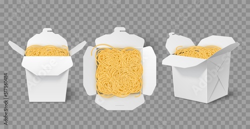 Wok box with noodles. Realistic cardboard pasta container, different angles, top and side view, white paper packaging, chinese street food, blank packaging, utter vector set
