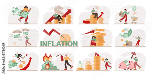 Financial inflation concept set. Growing up prices for goods and value