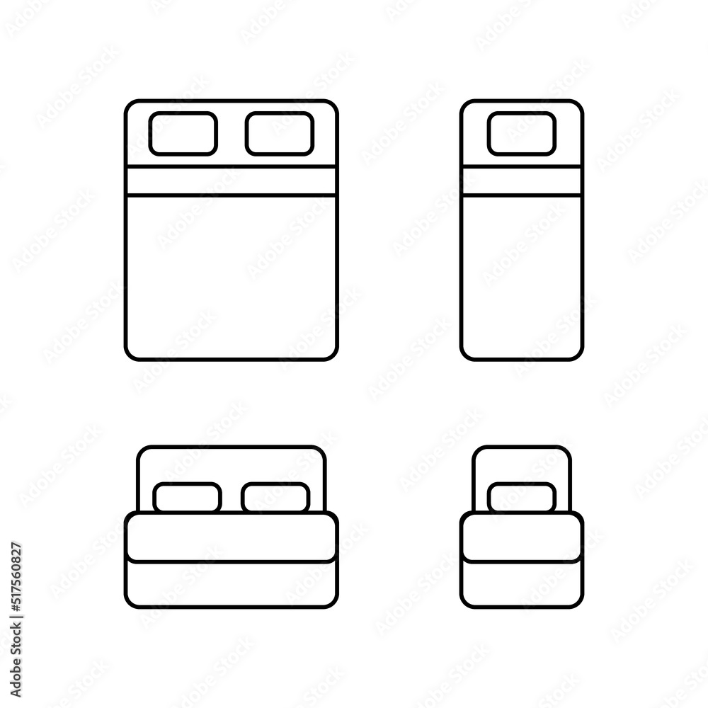 Single and double bed, furniture with pillow and blanket line icon. Interior of bedroom, sleep in house or hotel. Vector outline sign Single and double bed, furniture with pillow and blanket line icon. Interior of bedroom, sleep in house or hotel. Vector outline sign