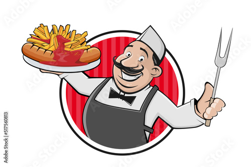 happy cartoon man serving delicious German specialty Currywurst mit Pommes