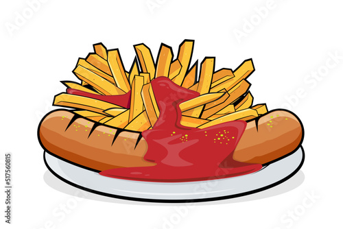 cartoon illustration of delicious german specialty currywurst mit pommes photo