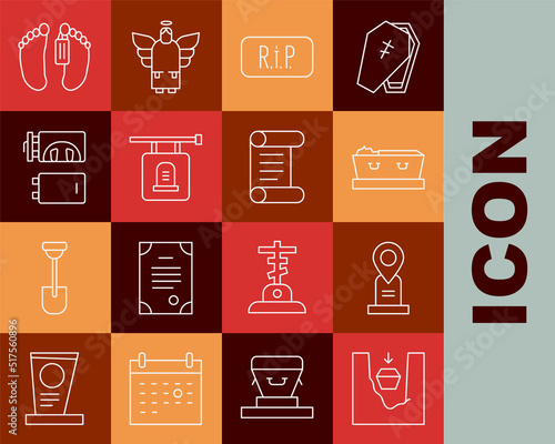 Set line Coffin in grave, Location, with dead, Speech bubble rip death, Signboard tombstone, Crematorium, Dead body and Decree, parchment, scroll icon. Vector