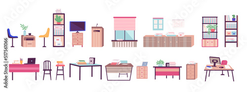 Set of School and Office Furniture Cabinet with Books, Table, Chair, Documents and Plant. Workplace Education