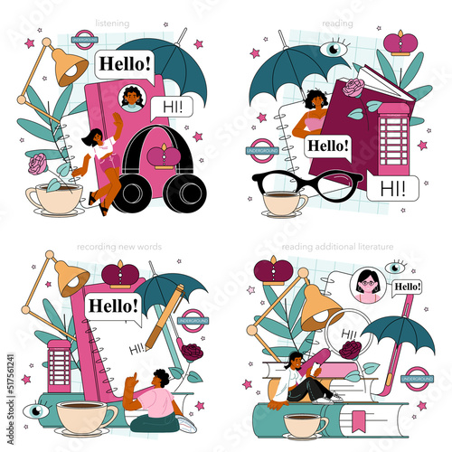 English class concept set. Study foreign languages in school or university