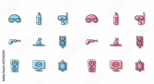 Set line Gauge scale, Scallop sea shell, Glasses and cap, Turtle, Floating buoy on the, Fishing harpoon and Aqualung icon. Vector