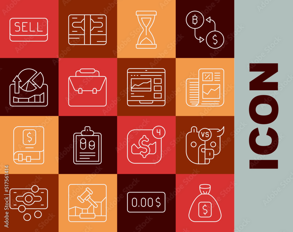 Set line Money bag, Bull and bear of stock market, Business finance report, Old hourglass, Briefcase, Stocks growth graphs, Sell button and Trading courses icon. Vector Set line Money bag, Bull and bear of stock market, Business finance report, Old hourglass, Briefcase, Stocks growth graphs, Sell button and Trading courses icon. Vector