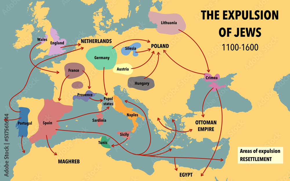 Map showing the expulsion of Jews and their resettlement between 1100 and 1600