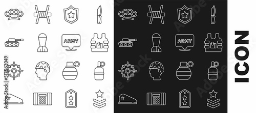 Set line Military rank, Hand grenade, Bulletproof vest, reward medal, Aviation bomb, tank, Brass knuckles and army icon. Vector