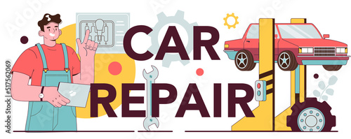 Car repair typographic header. Auto mechanic in uniform check