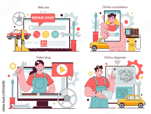 Auto mechanic online service or platform set. Mechanic check