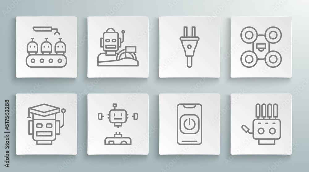 Set line Robot, humanoid driving a car, Disassembled robot, Turn off from phone, Mechanical hand, Electric plug, Drone and Industrial production robots icon. Vector Set line Robot, humanoid driving a car, Disassembled robot, Turn off from phone, Mechanical hand, Electric plug, Drone and Industrial production robots icon. Vector