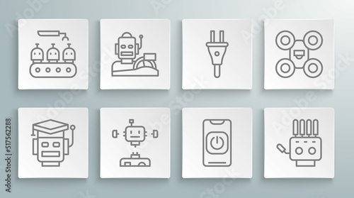 Set line Robot, humanoid driving a car, Disassembled robot, Turn off from phone, Mechanical hand, Electric plug, Drone and Industrial production robots icon. Vector