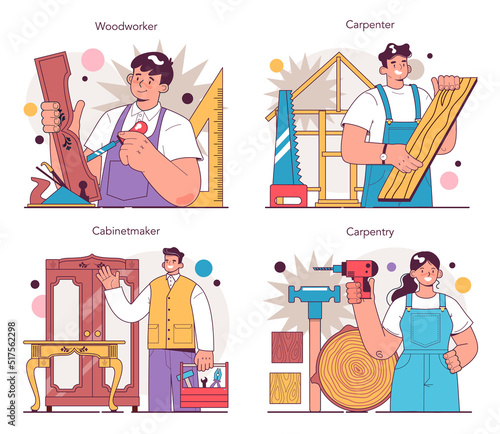 Carpenter set. Wooden furniture maker or designer. Home furniture construction