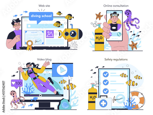 Diver online service or platform set. Scuba divers swimming