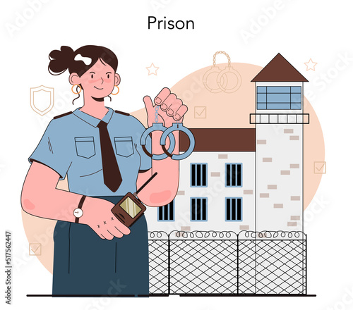 Prison guard concept. Police officer convoying angry arrested criminal