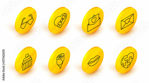 Set line Heart, Smiling lips, Flower rose, Wedding cake with heart, Envelope Valentine, Candy shaped box and love glasses icon. Vector