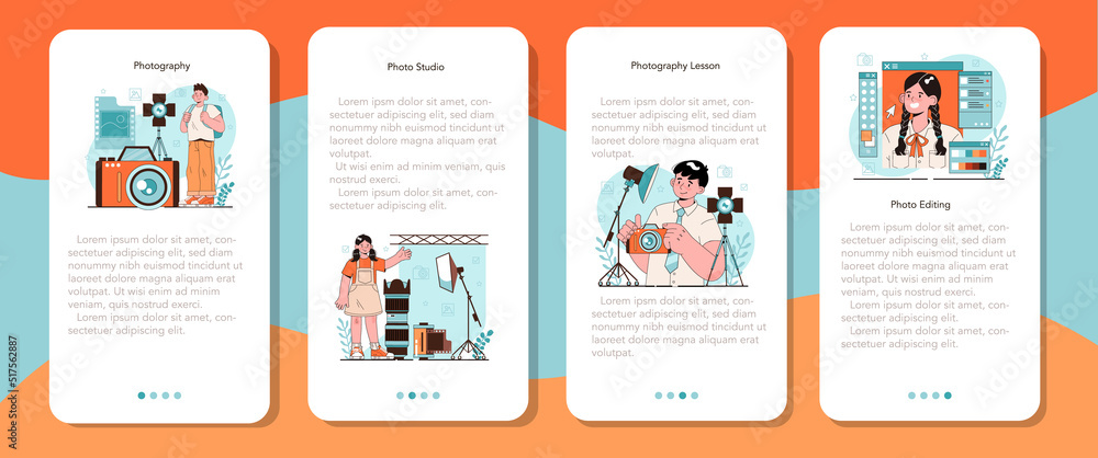 Photography school club mobile application banner set. Students lerning