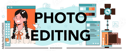 Photo editing typographic header. Students lerning to take photos