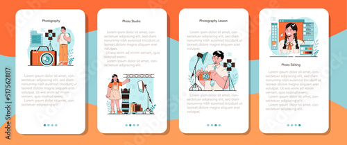 Photography school club mobile application banner set. Students lerning