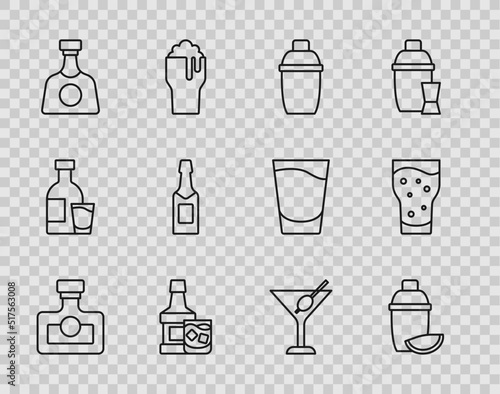 Set line Alcohol drink Rum, Cocktail shaker with lime, Whiskey bottle and glass, Tequila, Champagne, Martini and Glass of beer icon. Vector