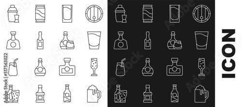 Set line Wooden beer mug, Glass of champagne, Shot glass, Champagne bottle, Tequila, Cocktail shaker and Whiskey and icon. Vector