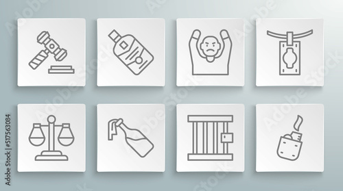 Set line Scales of justice, Whiskey bottle, Cocktail molotov, Prison window, Lighter, Thief surrendering hands up, Money laundering and Judge gavel icon. Vector