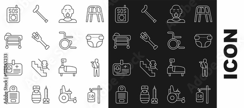 Set line IV bag, Human broken arm, Adult diaper, Head of deaf and dumb, Prosthesis leg, Stretcher, Press SOS button and Wheelchair icon. Vector