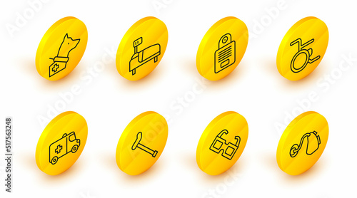 Set line Hearing aid, Eyeglasses, Walking stick cane, Emergency car, Wheelchair, Intercom, Hospital bed and Guide dog icon. Vector