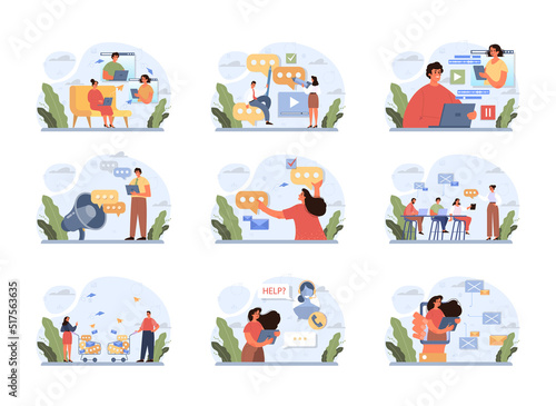 Discussion concept set. Characters with a dialog bubble. Group of business