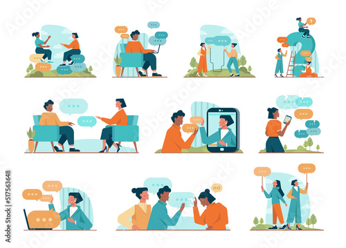 Discussion concept set. Characters with a dialog bubble. Group of business