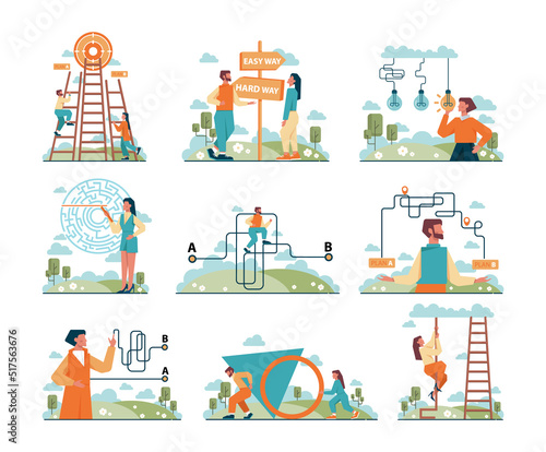 Hard or easy path choice concept set. Difficult decision-making,