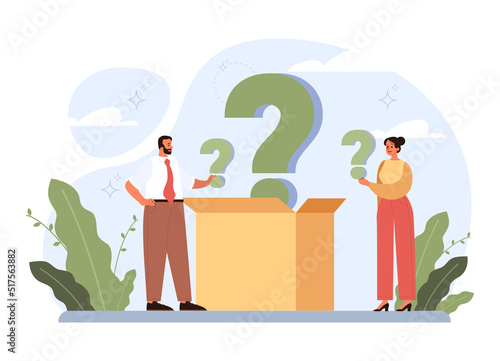 Question concept. Confused character in doubt with big question