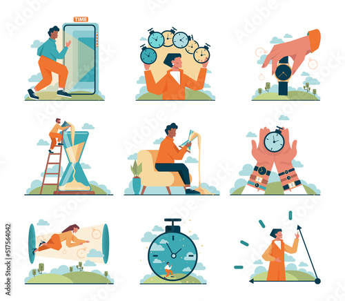 Time concept set. Time flow, hour glass, watch or timer measuring