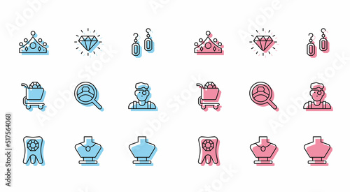 Set line Tooth with diamond, Necklace mannequin, King crown, Diamond engagement ring, Jeweler, Jewelry online shopping and icon. Vector