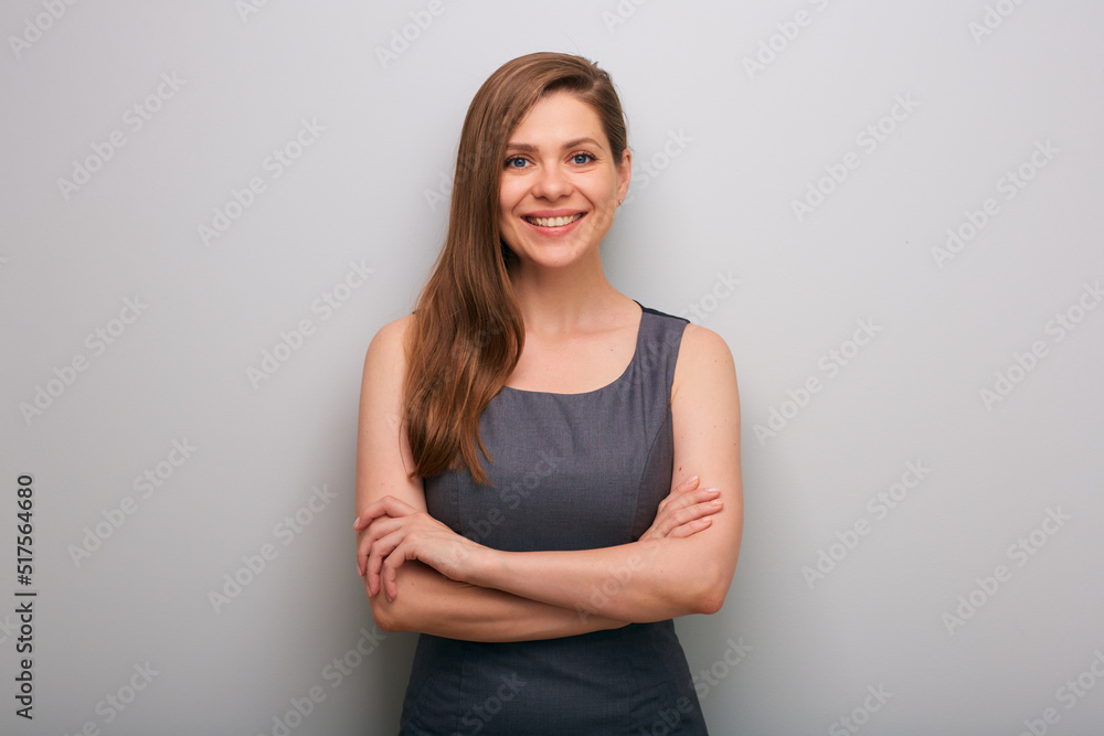 Smiling business woman in dress with crossed arms. isolated female business person portrait. Smiling business woman in dress with crossed arms. isolated female business person portrait.
