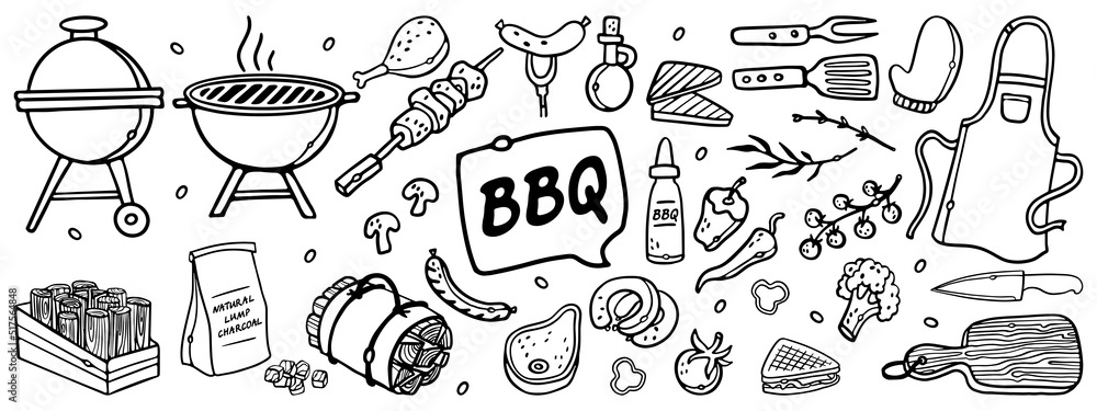 Barbeсue grill hand-drawn outline doodle Set. BBQ Vector Illustration Barbecue party Sketch. Barbeque tools charcoal firewood and products Barbeсue grill hand-drawn outline doodle Set. BBQ Vector Illustration Barbecue party Sketch. Barbeque tools charcoal firewood and products