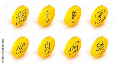 Set line Gel or wax for hair styling, Shaving brush with foam, Broken follicle, Hairbrush, clipper and Barbershop building icon. Vector