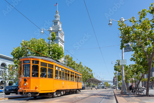 SAN FRANCISCO, CALIFORNIA - 2017, JULY 18:  The F Market & Wharves, San Francisco Ferry Building, Embarcadero, port of San Francisco, CA