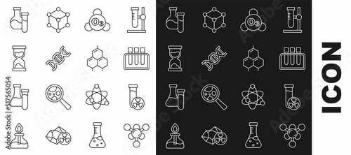 Set line Molecule, Test tube with toxic liquid, Ozone, DNA symbol, Old hourglass, and Chemical formula icon. Vector