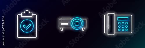 Set line Telephone, Completed task and Presentation, movie, film, media projector icon. Glowing neon. Vector
