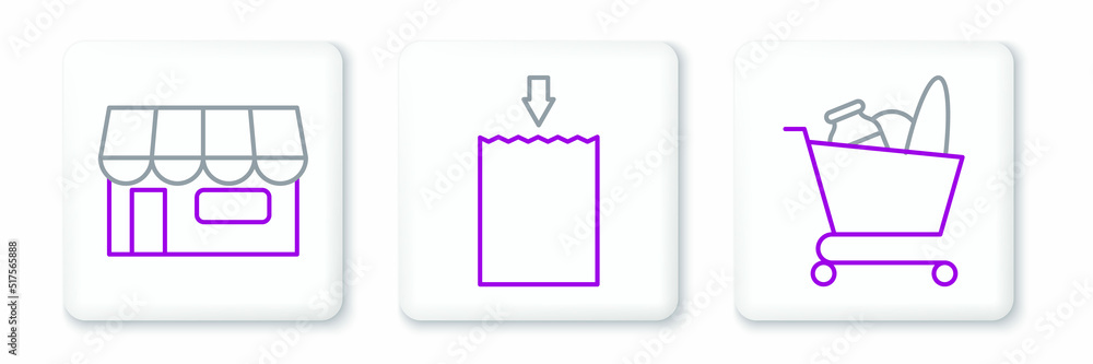 Set line Shopping cart and food, building or market store and Paper shopping bag icon. Vector Set line Shopping cart and food, building or market store and Paper shopping bag icon. Vector