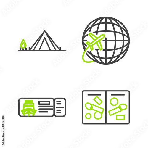 Set line Passport pages with visa stamps, Cruise ticket for traveling by ship, Globe flying plane and Tourist tent wood fire icon. Vector
