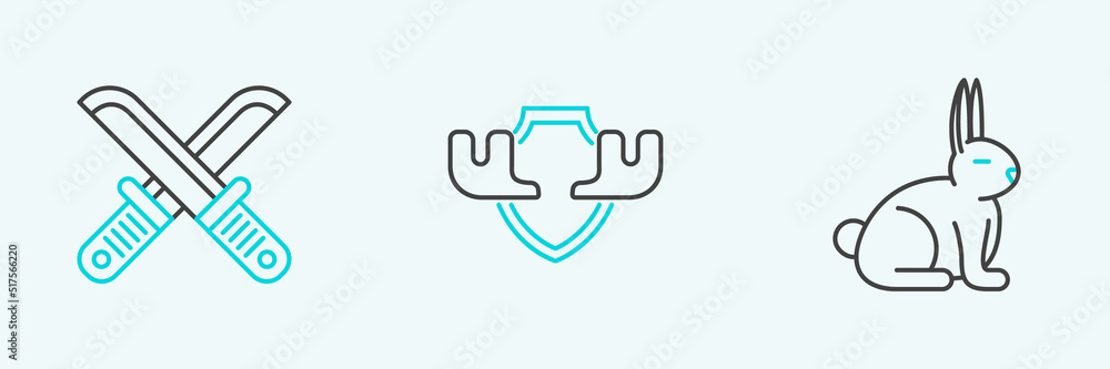 Set line Rabbit, Crossed hunter knife and Moose horns on shield icon. Vector Set line Rabbit, Crossed hunter knife and Moose horns on shield icon. Vector
