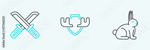 Set line Rabbit, Crossed hunter knife and Moose horns on shield icon. Vector