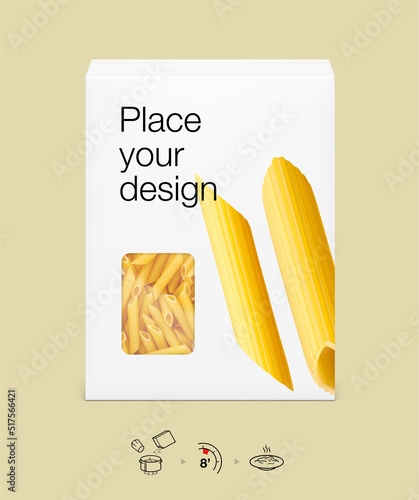 Hyper realistic cardboard box mockup. Vector illustration. Sample with food design. Easy to place your design. EPS10.