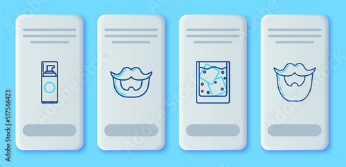 Set line Mustache and beard, Glass of whiskey ice cubes, Shaving gel foam and icon. Vector