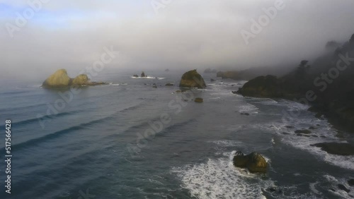 Cloudy foggy coastline in the morning Humboldt County Northern California off Highway 101 on the Pacific Ocean in the fall